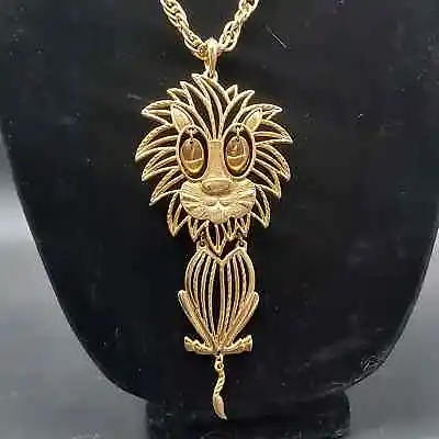 1970s Gold Tone Lion Pendant Necklace Reticulated Eyes Vintage Costume Jewelry • $18