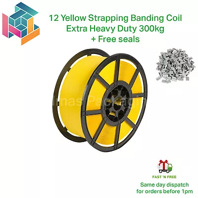 12mm Yellow Strapping Banding Coil Extra Heavy Duty 300kg 1000m + Free Seals • £34.99