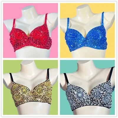  Beaded Sequins Bras Party Rave Bra Push Up  Belly Dance Costume Bra Top BRA • $58.72