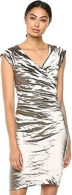 Nicole Miller Artelier CAVA Solid Techno Metal Beckett V-Neck Wrap Dress US 0 • $46.67