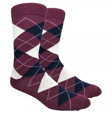 1 Pair Men's Argyle Dress Socks - Burgundy / Maroon With Navy & Cream • $3.95