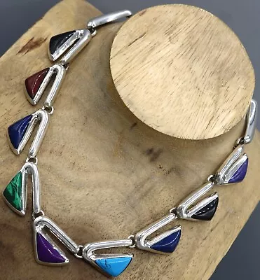 Vtg Mexico Sterling & Multi-Stone Deco Mod Link Necklace 85 Grams 16.5 In TAXCO • $90.89