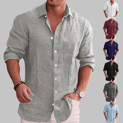 Mens Long Sleeve Solid Shirts Button Down Casual Formal Dress Tops Beach T Shirt • $19.18