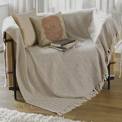 £15.99 • Buy Herringbone 100% Natural Cotton Fringed Throw Chair Or Sofa Cream Beige Neutral