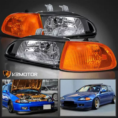 Fits 1992-1995 Honda Civic 2DR 3DR Black Headlights+Amber Corner Lamps 93 94 95 • $76.38