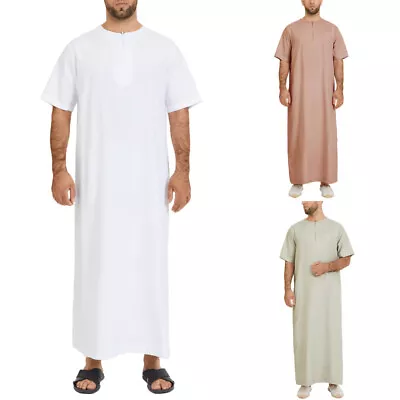 Men's Muslim Kaftan Short Sleeve Loose Kaftan Thobe Loungewear Dresses Robe Tops • $19.75