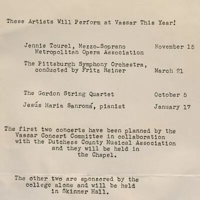 1943 Jennie Tourel Fritz Reiner Gordon Quartet Jesus Sanroma Vassar College • $19.25