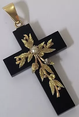 Antique 18ct Gold Onyx & Pearl Mourning Cross. Ref:xaaod. • £295