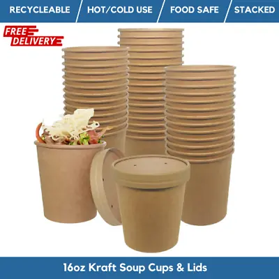 Disposable Soup Bowls Kraft Paper Soups Cups With Lids Takeaway Ice Cream Pots • £116.59