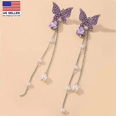 $7.99 • Buy Women 925 Sterling Silver Crystal Purple Butterfly Tassel Pearls Earrings 0733