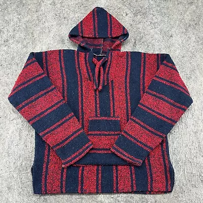 VINTAGE Mexican Baja Sweater Mens XL Red Blue Stripe Cotton Skater Hoodie 90s • $13.96