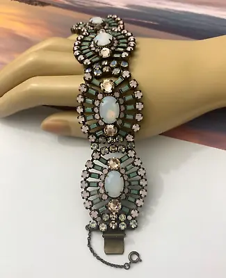 VTG SORRELLI Bracelet Wide Massive Multicolor Emerald Cut Crystals Antique Gold • $199