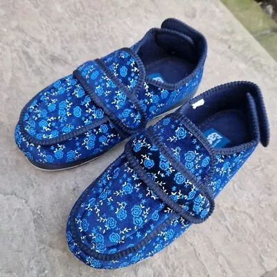 EasyFit Wide Fit Adjustable Touch Fasten Slippers Ladies Blue Floral Footwear • £12.95