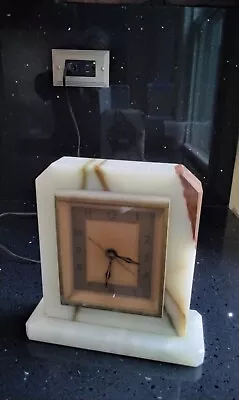 Vintage Art Deco White & Tan Marble Onyx Clock- Electric - Working Condition • $62