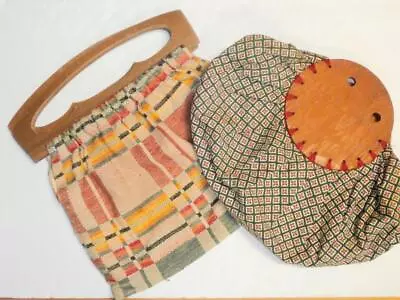 2 Vintage Wood Handle Knitting Sewing Purse Darning Bag Great Old Fabrics! • $34.99