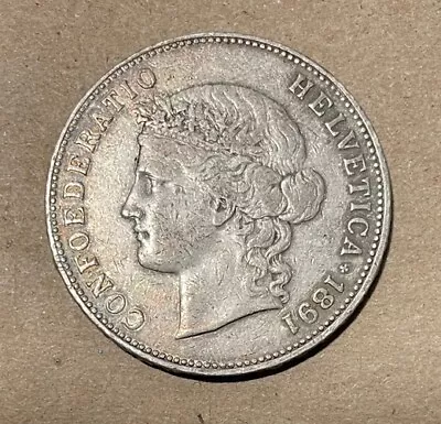 Switzerland - 1891 Large Silver 5 Francs - Very Scarce • $185