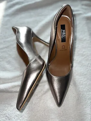 Marks And Spencer M&S Leather Stiletto Heel Pointed Court Shoes Pewter Size 6 • £29.99