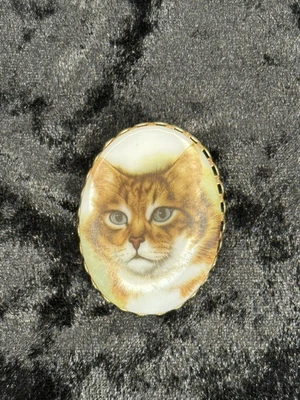 VTG Gold Tone Oval Porcelain Transfer Orange Tabby Cat Brooch • £11.82