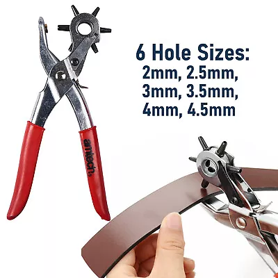 Revolving Leather Punch Eyelet Plier 6 Sizes Hole Heavy Duty Belt Puncher DIY • £5.25