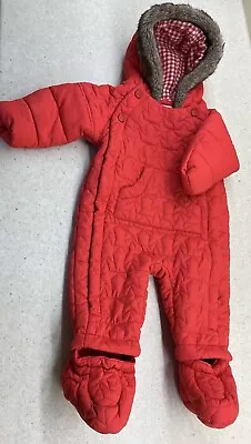 M & S Baby Snowsuit / Pramsuit Age 3  - 6 Months Red Quilted With Fur Trim Hood • £2.75