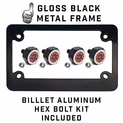 Black Metal License Plate Frame & Hex Tag Bolt Kit - FIRE FIGHTER DEPT DP • $13.25