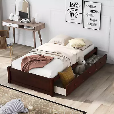Twin Bed Frame With Drawers Wood Storage Bed With Wood Slat Support/No Box Spri • $353.99