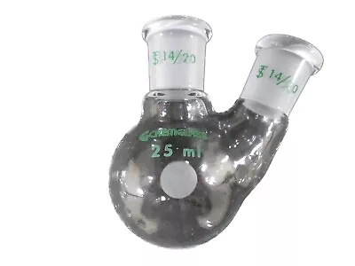 CHEMGLASS 25mL 2-Neck Round Bottom Flask 14/20 Side Neck Angled 20° CG-1520-43 • $44.99