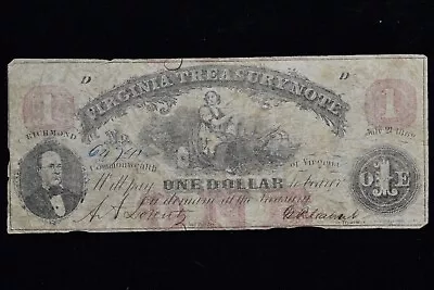 1862 $1 Obsolete Bank-note ✪ Virginia Treasury Note ✪ Richmond Va 741 D◢trusted◣ • $24.95