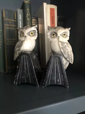 Vintage Pair Mid Century Modern Italian Carved Alabaster Owl Bookends Glass Eyes • $32