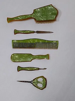 Antique 6 Piece Vanity Grooming Set Brush Set  Green • $76.88