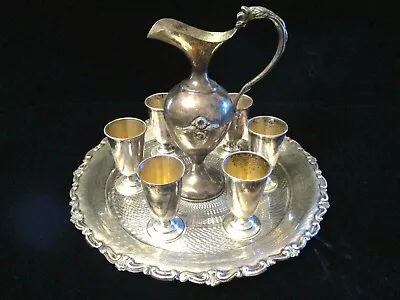 THE BEST Antique 800 SILVER Tray Ewer & Miniature Cordial Goblets LIQUOR SET • $625