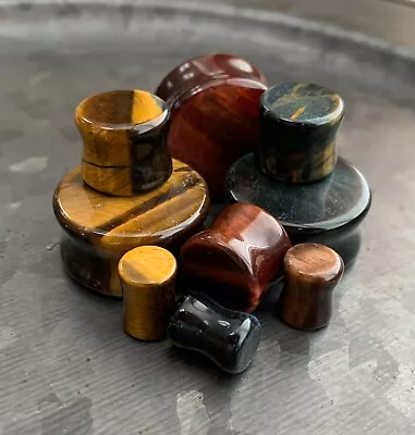 ALL 3 PAIR Stone Plugs Yellow Blue & Red Tiger Eye Organic Double Flare Gauges • $21.95