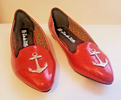 T.U.K. X Lux De Ville Womens Size 6 Red Sparkly Patent Anchor Pointed Toe Shoes • $19.98