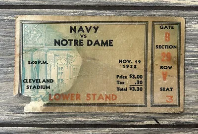 $55.99 • Buy Vintage Nov 19 1932 Navy Vs Notre Dame Ticket Gate B Section 29 Row V