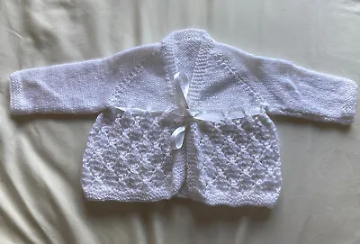 Hand-Knitted Baby White Matinee Jacket Cardigan • £4