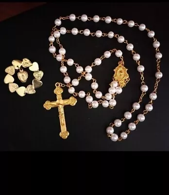 Vintage Rosary And  Scapular Pin White Beads Catholic  • $25
