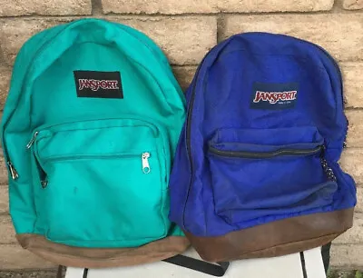 $32.99 • Buy Lot Of 2 Leather Bottom Jansport Blue Backpack Nap Sack Book Bags Blue Green