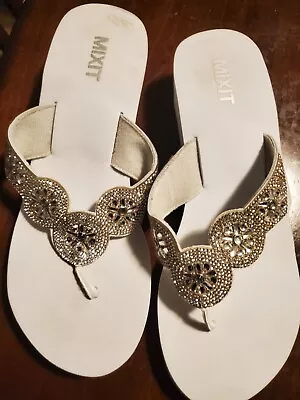 Mixit 9 Women’s Sandals Shoes White Bedazzled Jeweled Wedge Heel Flip Flops • $9