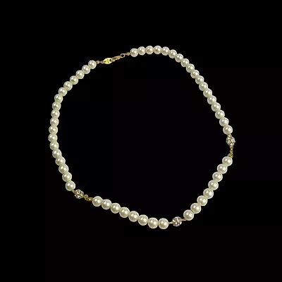 VTG Avon Faux Pearl Necklace Ivory Beads Gold Tone Rhinestone Bling Wedding • $13.49