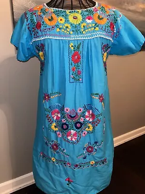 Vintage Hand Embroidered Dress Size Med Blue Floral Mexican House Dress Cotton • $19.99