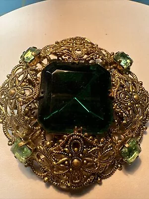 Vintage Czech West Germany Filigree Green Crystal Brooch • $45