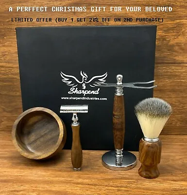 Brown Shaving 5 Piece Set | DE Safety Razor & Badger  Brush | Men's Gift Kit • $49.89