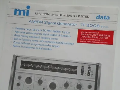 Orig.data Brochure For Marconi Instruments Ltd Tf2008 Am/fm Signal Generator Ex+ • $3.23