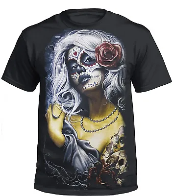 New ROSE SKULL T-ShirtTattoo/Rock/Metal/Biker/Goth/Mexican Sugar Skull/Top/Tee • £11.99