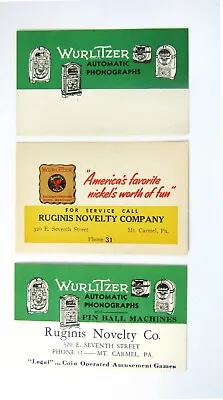 Three NOS Original Wurlitzer Jukebox Operator Cards From Ruginis Novelty Co. • $18
