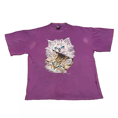 Vintage 1992 Habitat Kitten Kitty Cat Purple XL T-Shirt Faded Distressed • $9.99