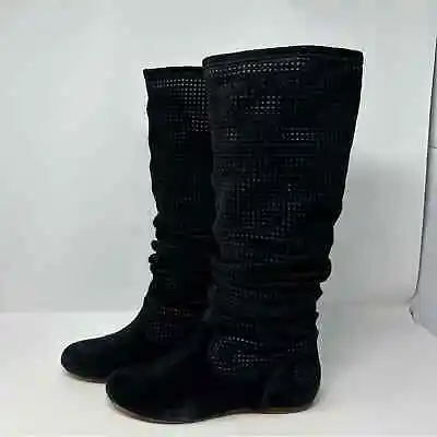 UGG Abilene Slouch Black Perforated Suede Leather Knee High Flat Boots Size 7 • $44.99