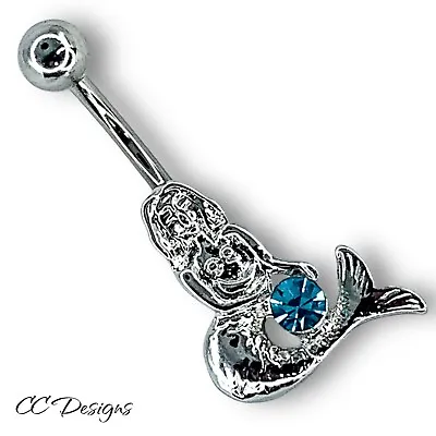 14g Silver Color Sitting Mermaid Blue Sparkle Cz Belly Ring B470 • $9.99