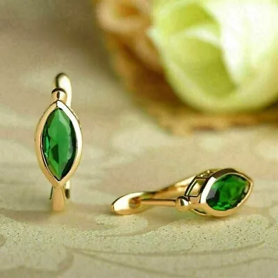1Ct Lab Created Emerald Marquies Cut 14k Yellow Gold Plated Women's Hoop Earring • $104.99