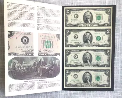 1976 U.S Bureau Of Engraving & Printing Uncut Set Of Four $2 Dollar Bills Notes • $105